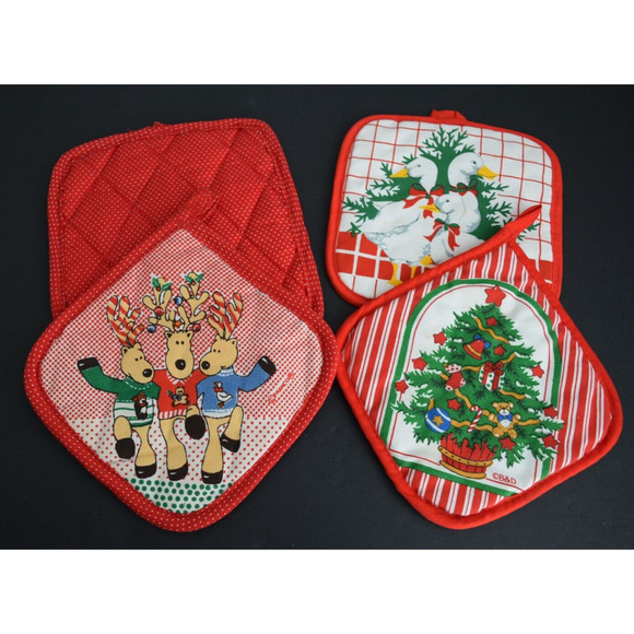 Lot of 4 Vtg Christmas Hot Pads Reindeer Geese Tree Polka Dots Stripes Retro - Picture 2 of 4